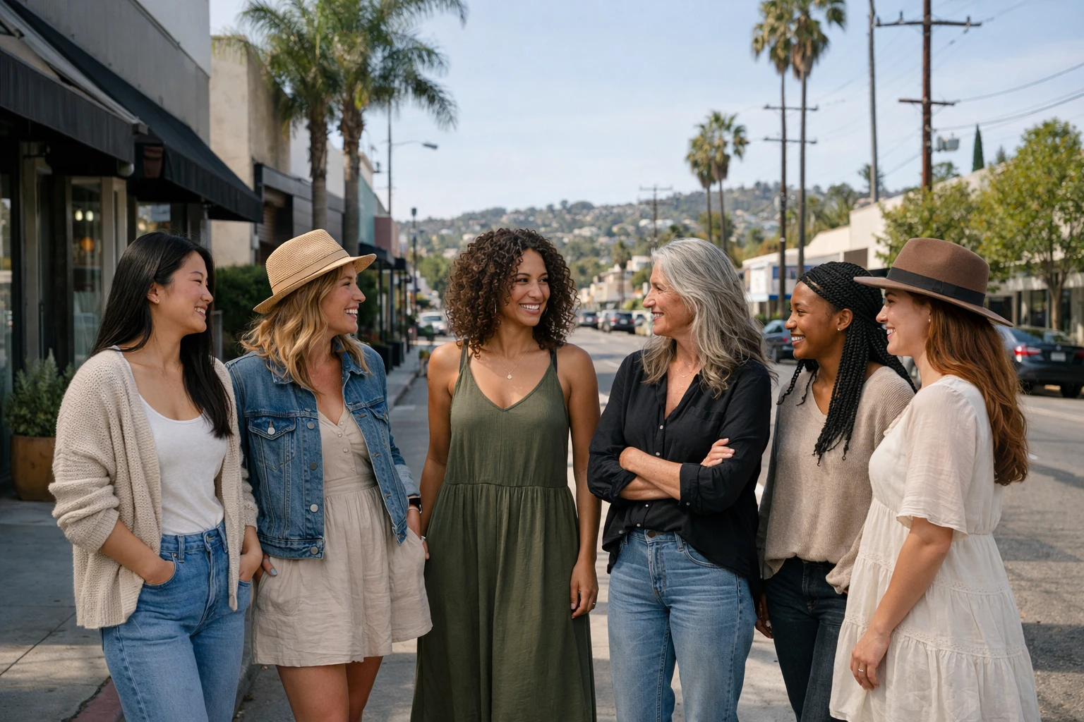 A diverse group of California women of different ages and body types wearing varied everyday outfits (jeans, sundresses, blazers, sneakers) standing naturally on a sunny street, showing the reality of mixed personal styles rather than uniform fashion trends, authentic street photography style without any text or signs visible