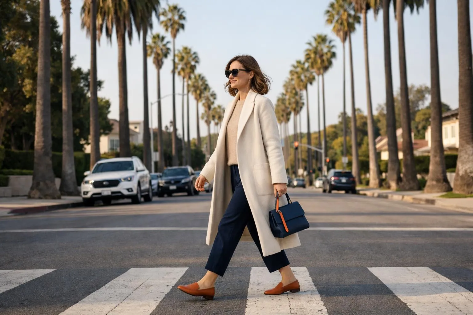 Woman wearing a flowing beige wool coat with clean lines walking along a palm-lined California street in golden afternoon light, styling effortless elegance with relaxed confidence, neutral color palette