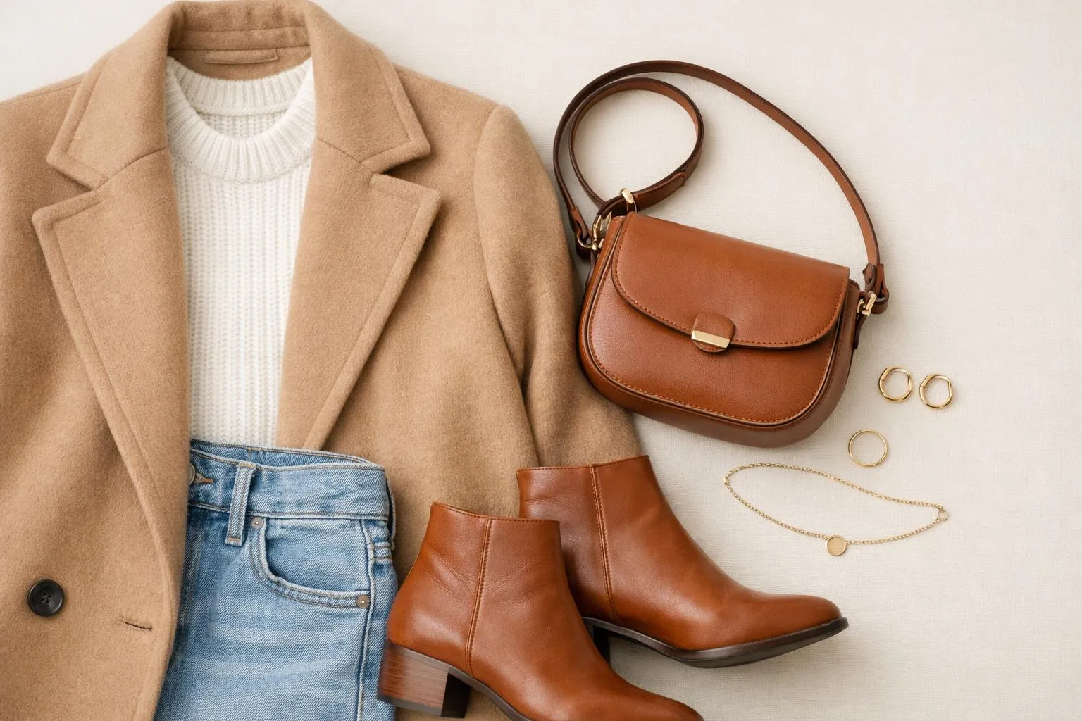Fashion flat lay showing an elegant camel wool coat styled with white turtleneck sweater, light blue denim jeans, cognac leather ankle boots, small crossbody bag and gold minimal jewelry on cream background