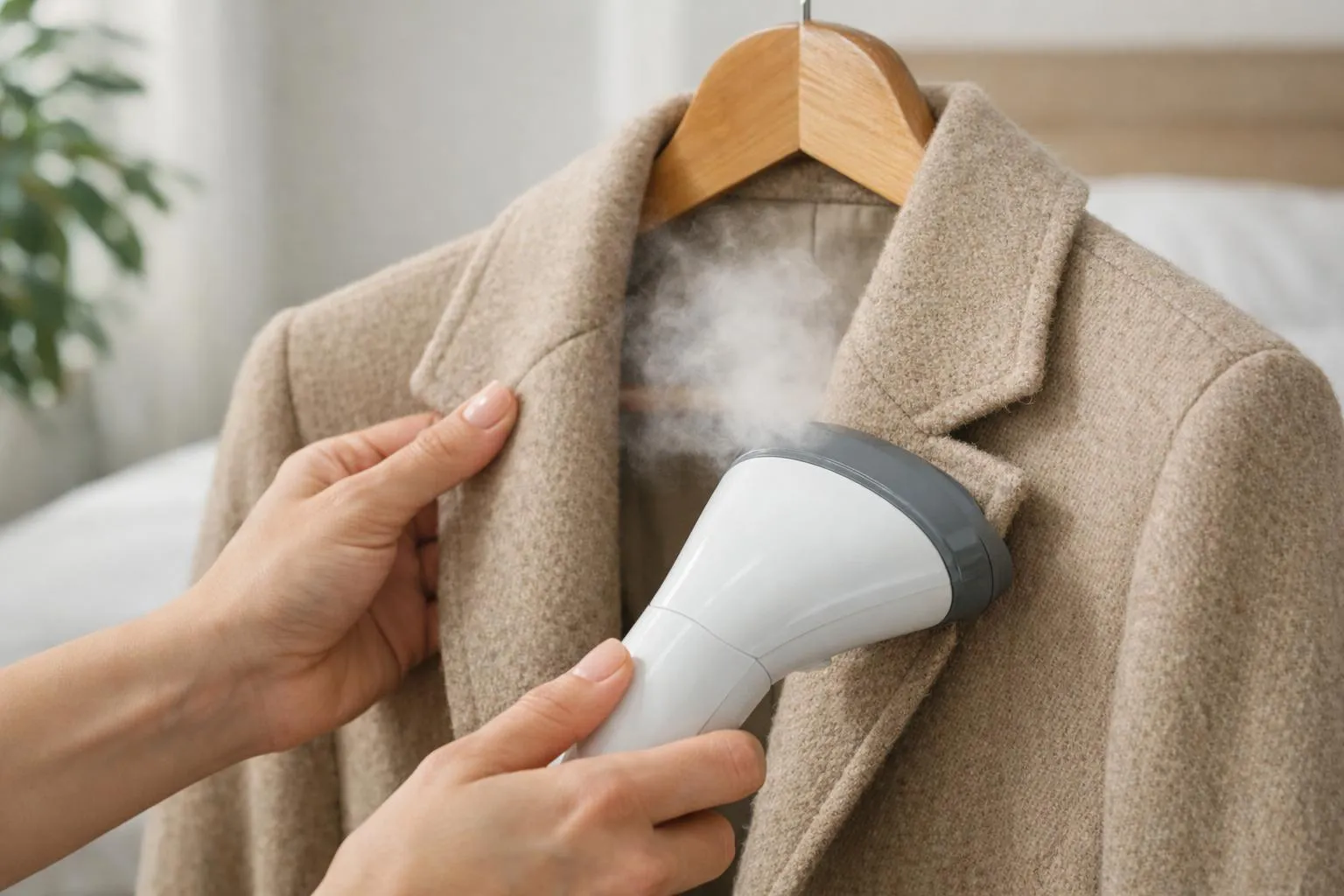 Close-up of hands gently steaming and caring for a quality wool coat on a wooden hanger, showing maintenance and garment care details with natural light in a minimalist bedroom setting