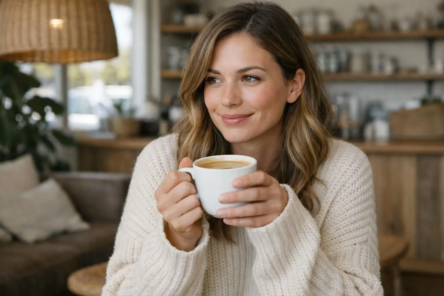 Woman wearing oversized cream-colored knit sweater, sitting in cozy café with warm lighting, holding coffee cup, relaxed Californian casual style, soft textures and natural fabrics visible, comfortable atmosphere