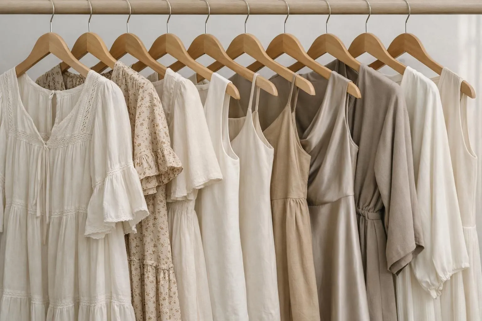 Collection variée de robes de femmes de différentes longueurs et styles, présentées sur des cintres en bois contre un mur blanc, comprenant des robes midi bohèmes, des robes courtes minimalistes et des robes longues élégantes aux tons neutres et naturels, photographie en lumière du jour naturelle.