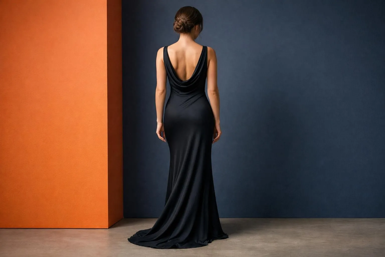 Elegant woman in sleek evening gown viewed from behind showing smooth silhouette without visible panty lines, sophisticated lighting highlighting fabric drape and body contours, modern minimalist aesthetic