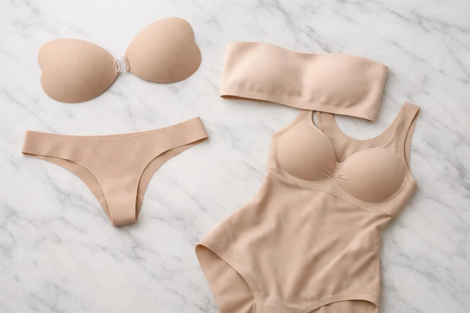 Flat lay arrangement of five types of invisible lingerie on a marble surface - seamless nude underwear, adhesive bra, strapless bandeau, ultra-thin thong, and shaping bodysuit - each piece showcasing laser-cut edges and smooth textures, studio photography with soft natural lighting