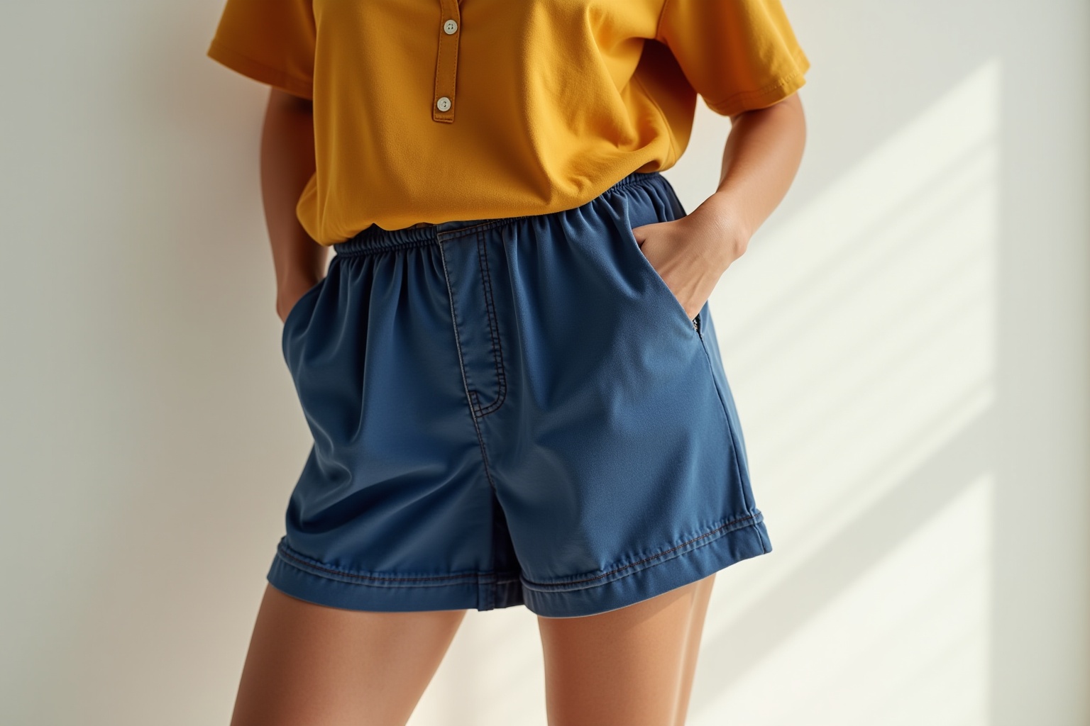 Chemise jaune moutarde et shorts bleu marine à taille élastique.