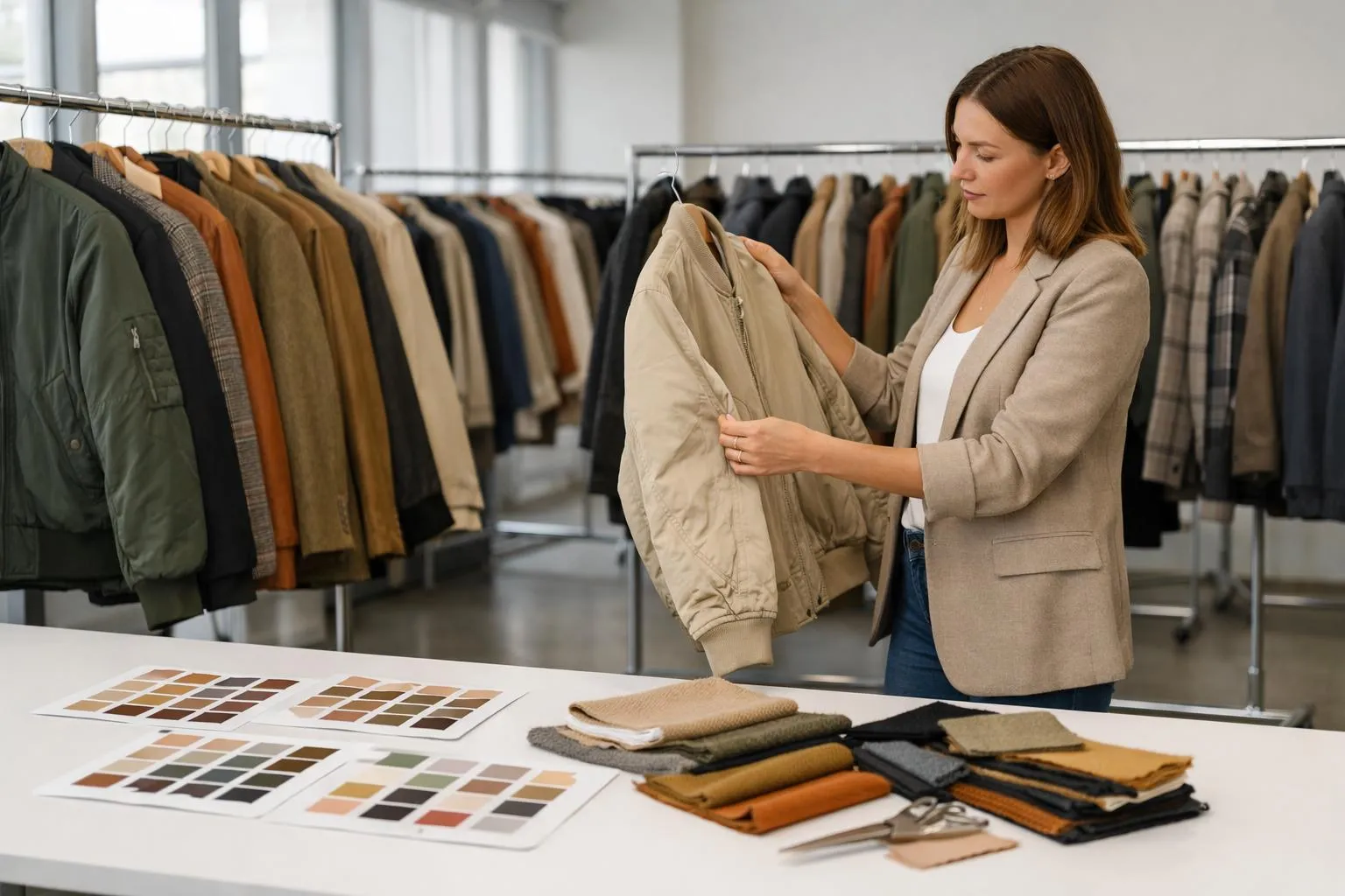 Une femme choisit un vêtement dans un magasin de mode.