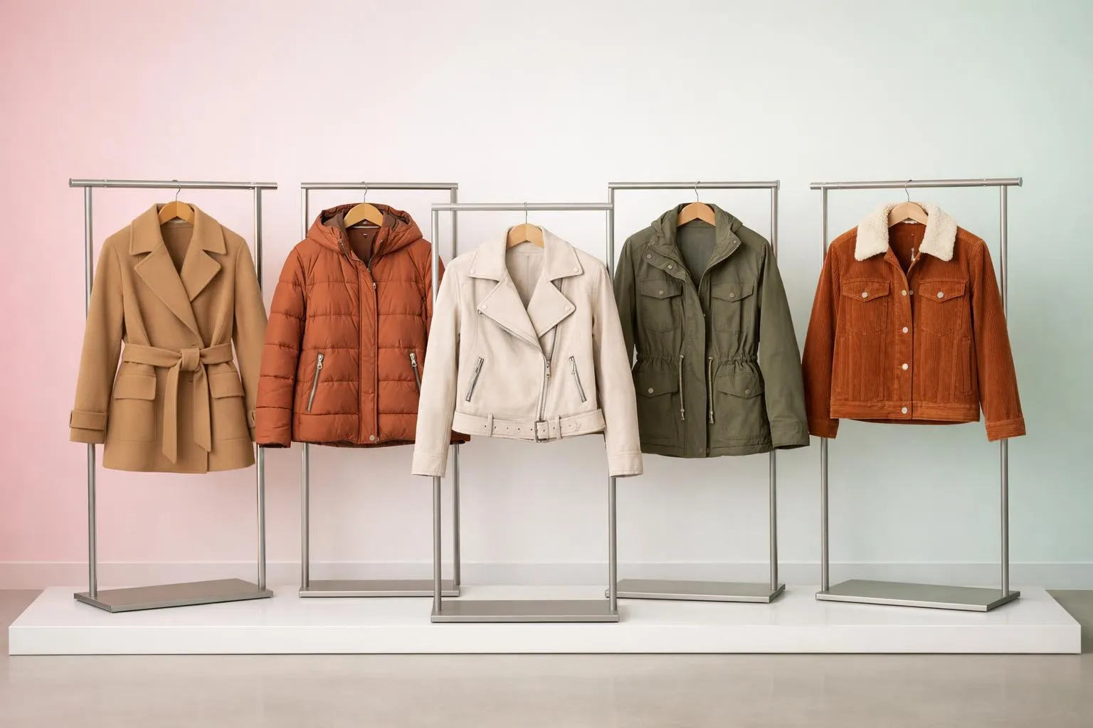 Vêtements d'automne et d'hiver sur des supports métalliques.