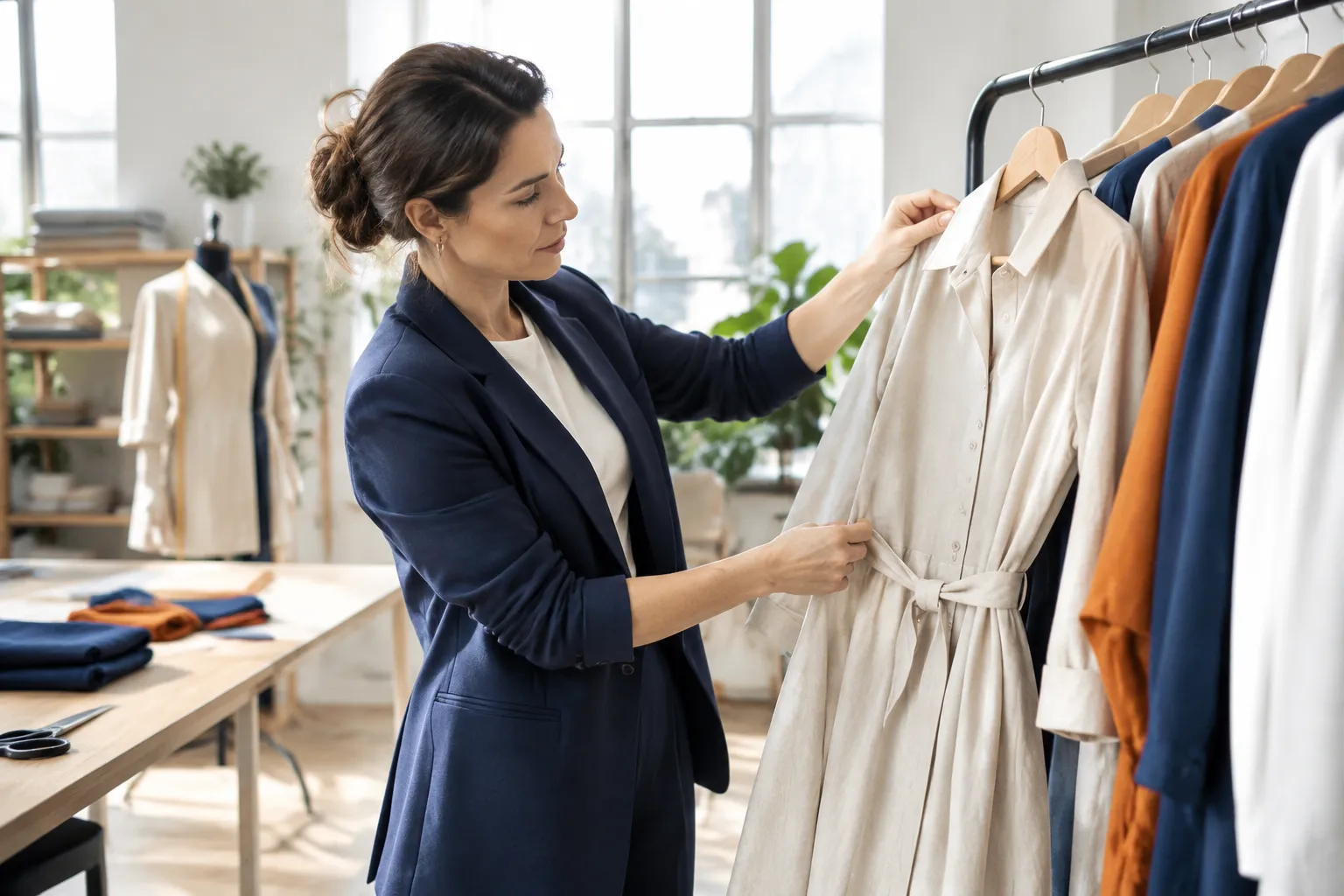 Créatrice de mode examinant une robe blanche sur portant