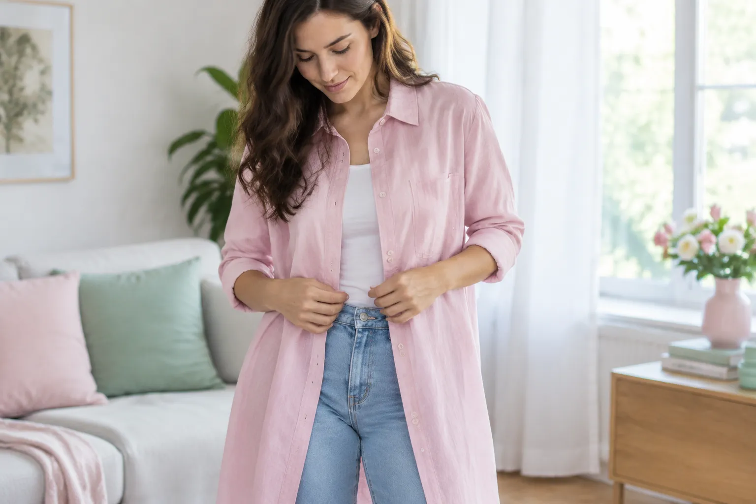 Femme boutonnant une chemise rose dans une chambre lumineuse