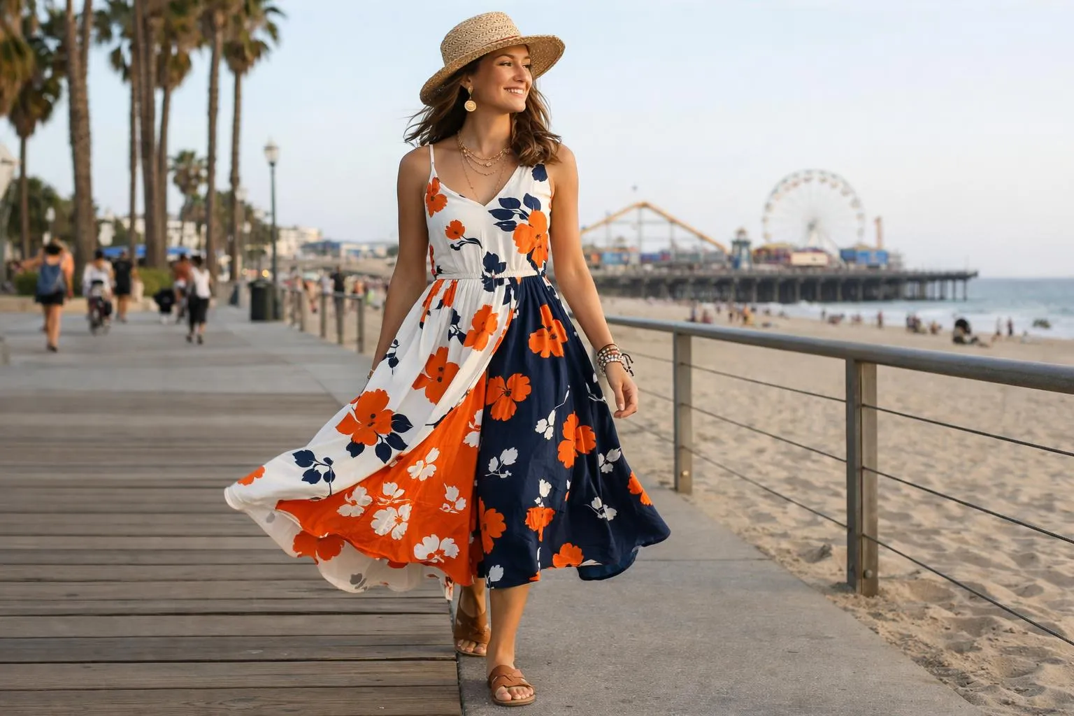 Woman in loose-fitting floral midi dress walking on Santa Monica beach boardwalk, natural cotton fabric flowing in ocean breeze, relaxed California lifestyle aesthetic, golden hour lighting, bohemian accessories