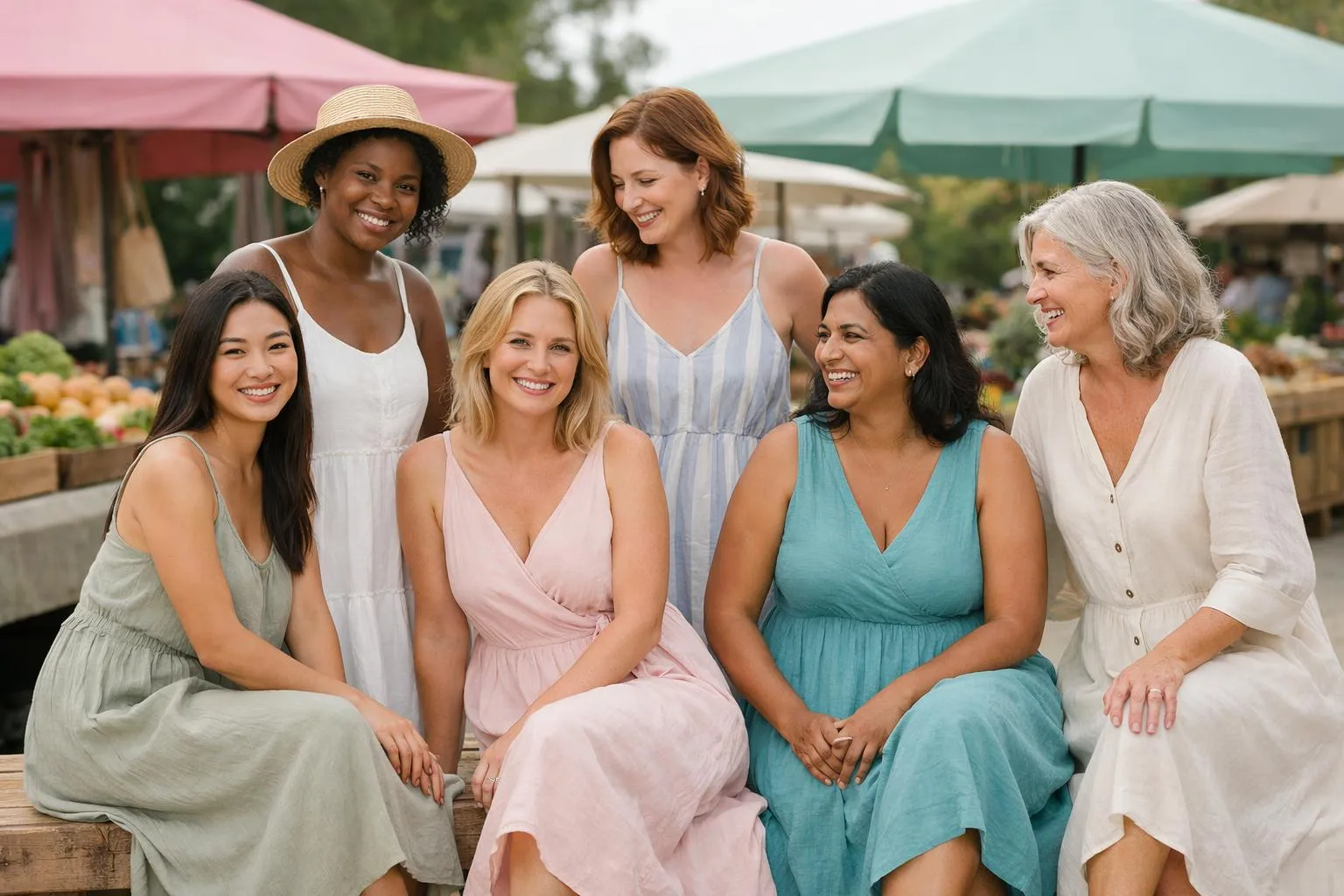 Diverse group of women aged 25-60 wearing flowing California-style summer dresses in natural cotton fabrics, gathered at an outdoor market setting, genuine smiles and relaxed postures showing comfort and individuality, warm natural lighting, no text or logos visible