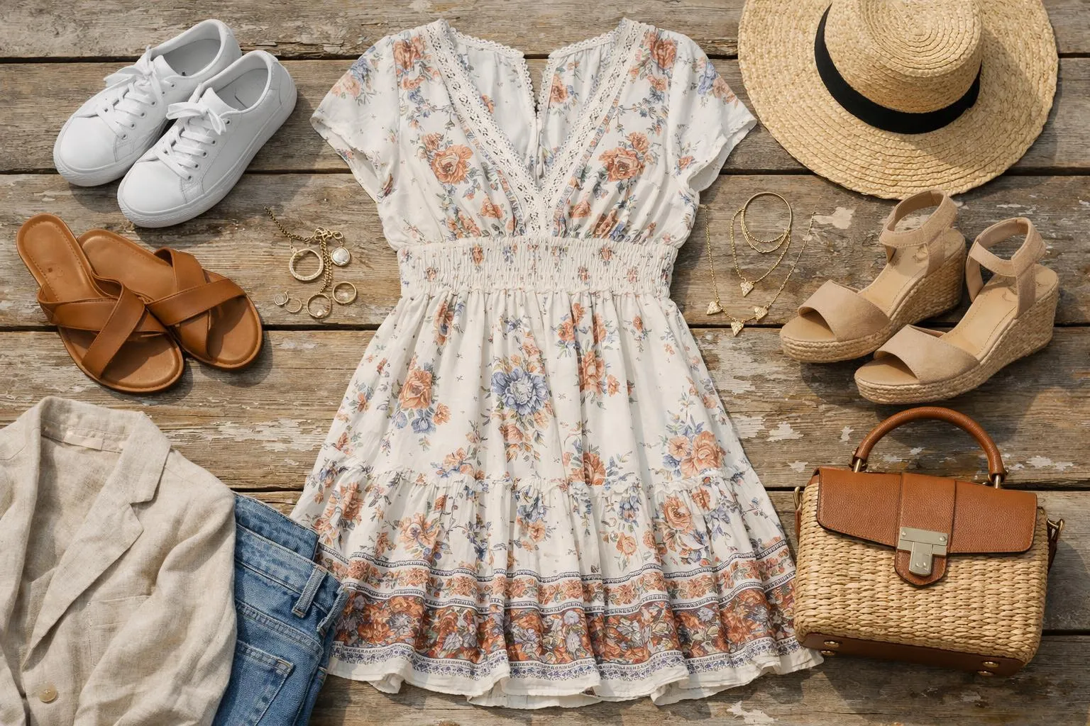Flat lay composition of a flowing bohemian California summer dress surrounded by different styling accessories: white sneakers, leather sandals, wedge heels, woven straw hat, structured handbag, gold jewelry, light linen jacket, and slim jeans artfully arranged on weathered wooden background with natural sunlight, showcasing versatility of one dress styled seven different ways