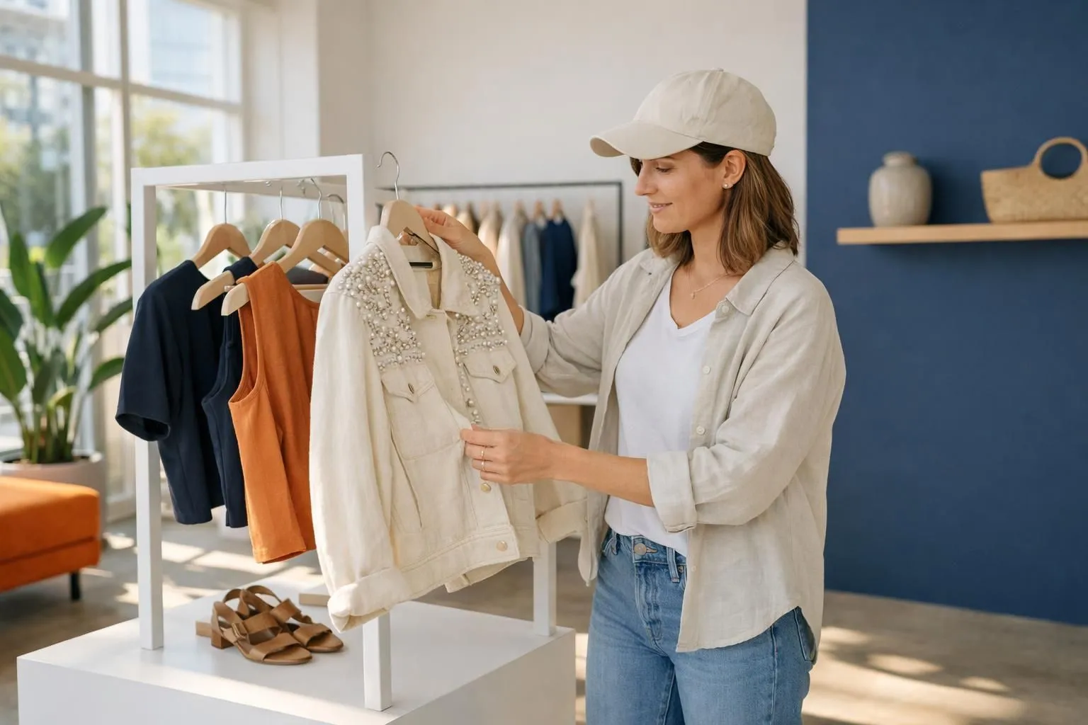 Woman in comfortable California-inspired casual wear selecting exclusive limited-edition garment from minimalist boutique rack with warm natural sunlight streaming through window