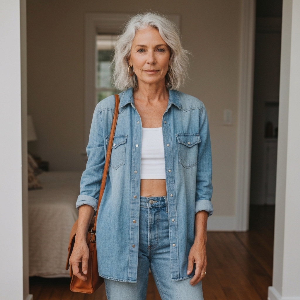 A woman in her forties wearing a relaxed bohemian outfit with flowing linen layers and vintage denim, standing in a bright California-inspired interior with natural light, showcasing effortless deconstructed fashion style without any text or logos visible