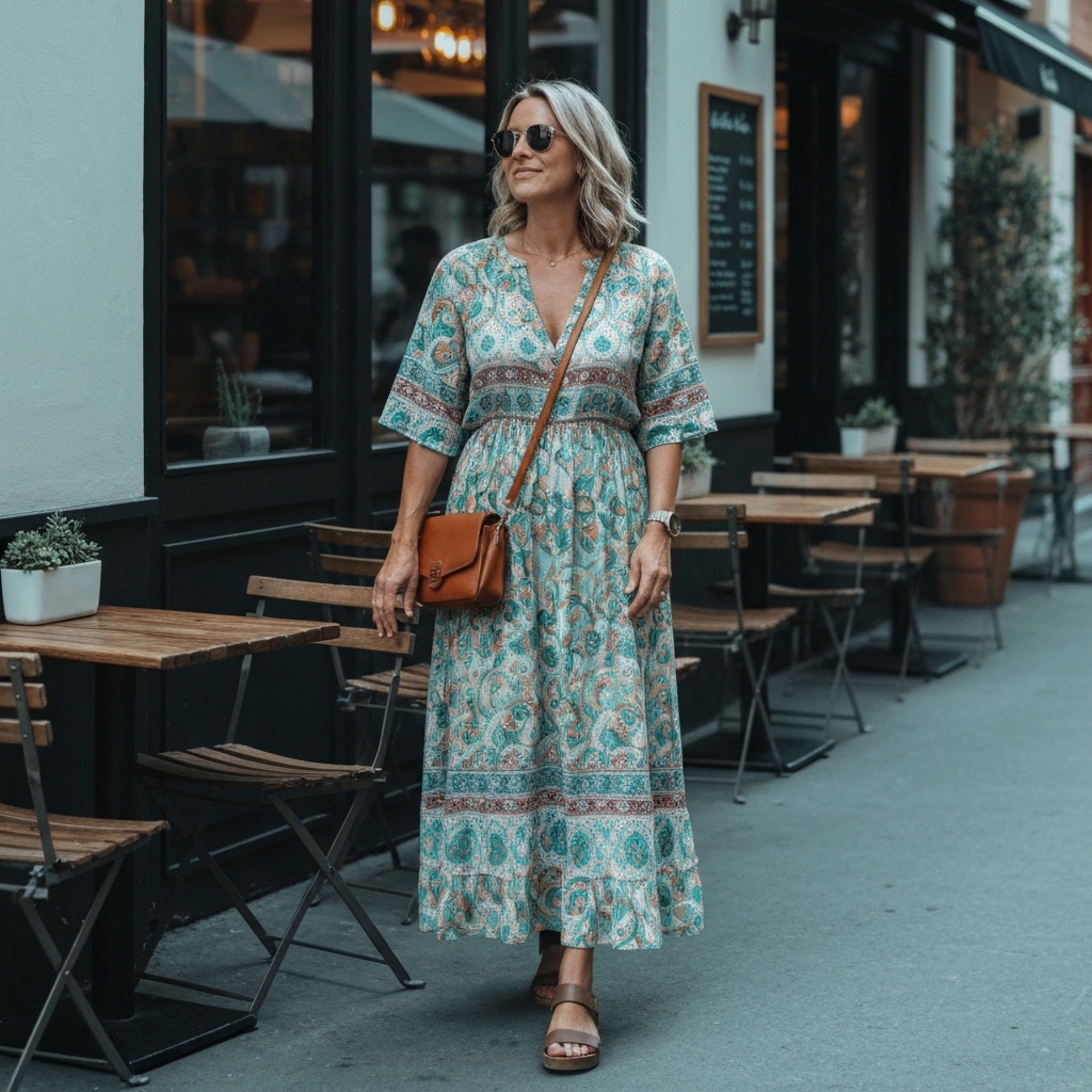 A woman in her 40s wearing a flowing bohemian maxi dress with sandals and a woven crossbody bag, standing in a sun-filled outdoor café setting with natural lighting, embodying relaxed California fashion