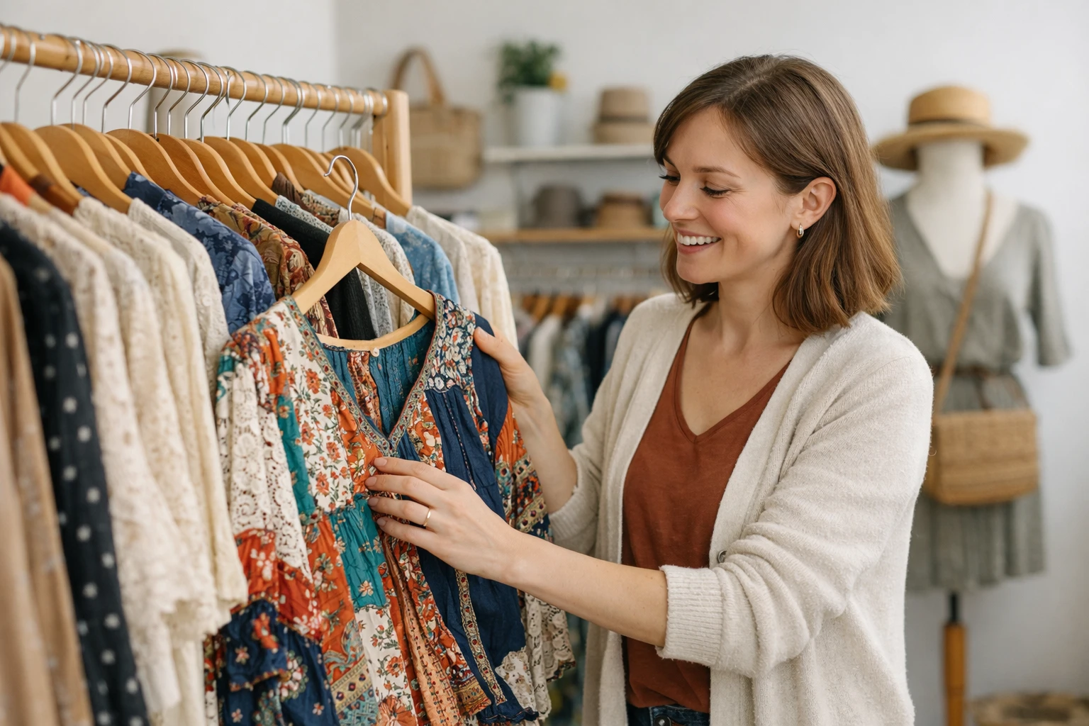 Une femme dans la trentaine découvre des pièces de vêtements vintage uniques sur des cintres en bois dans une boutique lumineuse, touchant avec joie et curiosité une blouse bohème colorée.