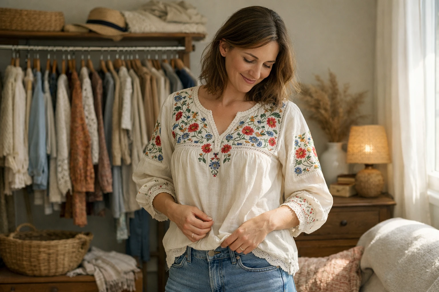 Femme dans la trentaine essayant une blouse bohème vintage brodée dans une chambre ensoleillée avec des matériaux naturels, des étagères de vêtements vintage californiens soigneusement sélectionnés en arrière-plan flou, des tons chauds et des tissus confortables créant une