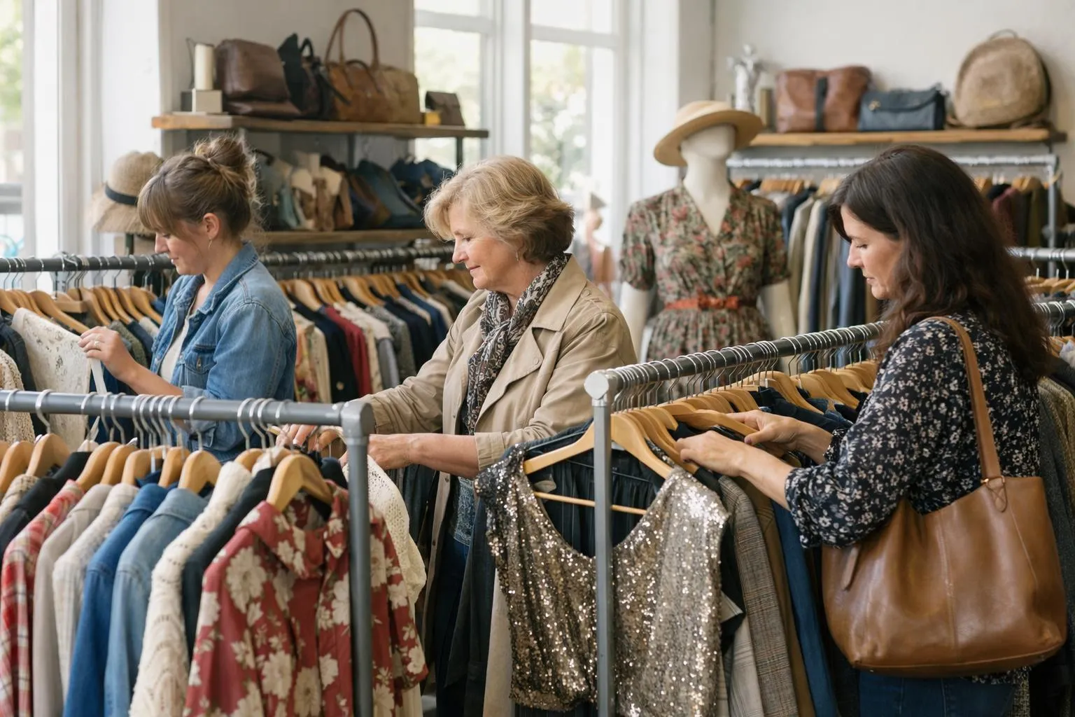 Trois femmes faisant du shopping dans un magasin de vêtements.