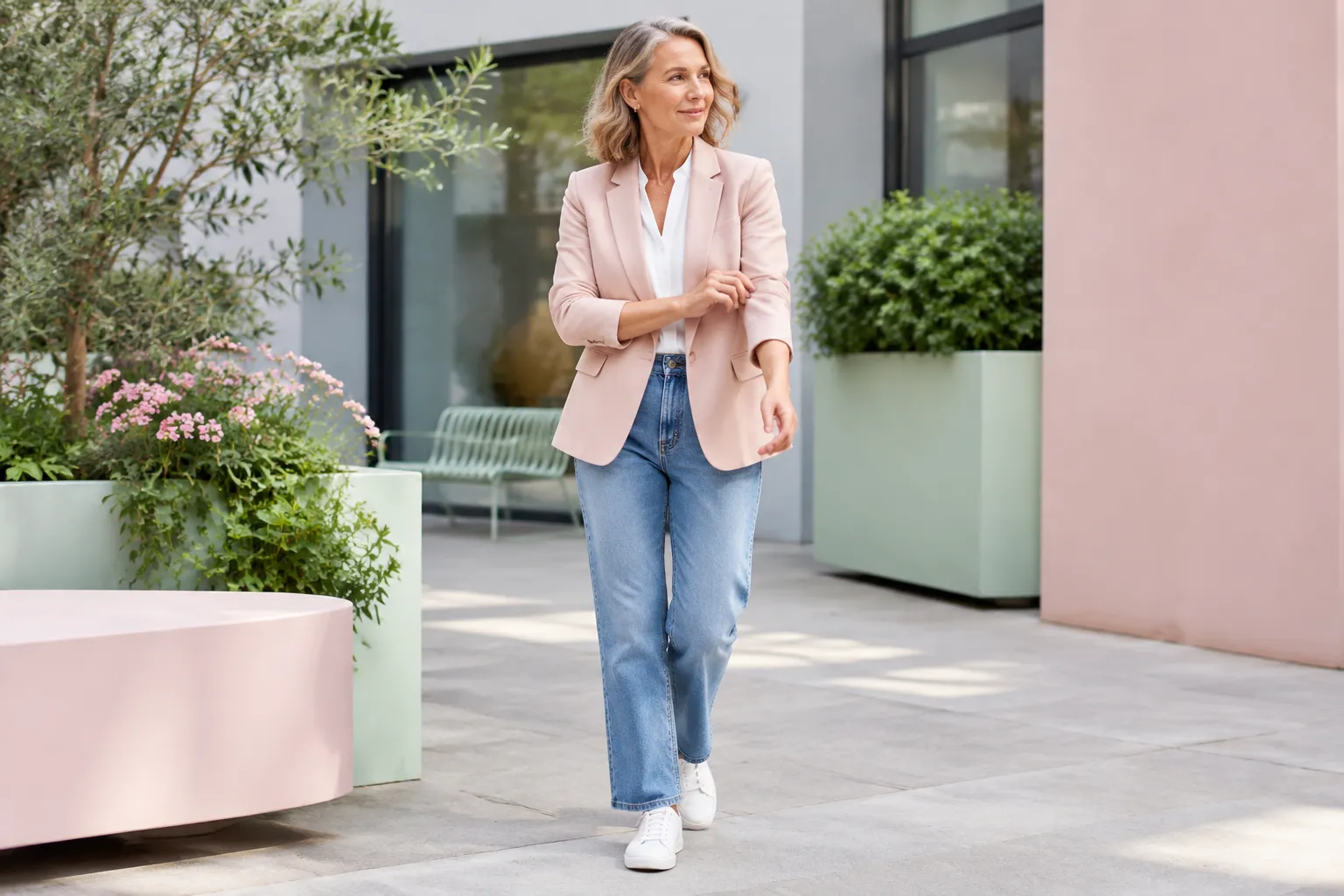 Femme mûre en blazer rose marchant dans une cour paysagée.
