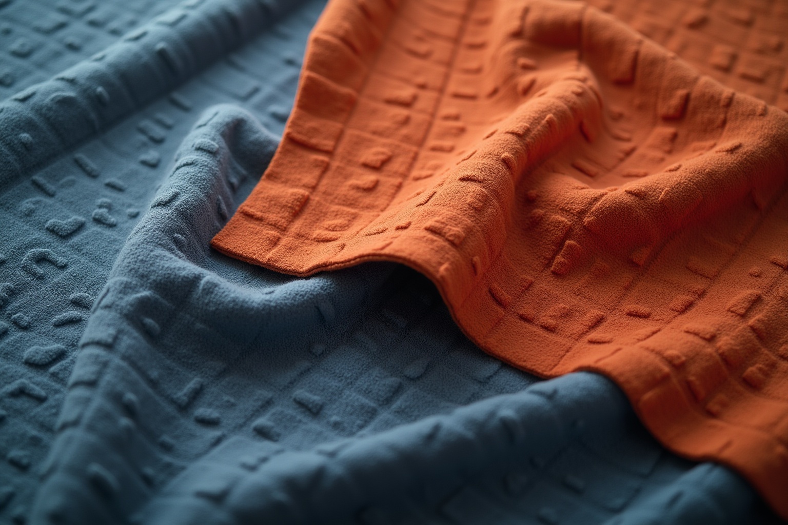 Couverture texturée orange et grise, contraste saisissant.