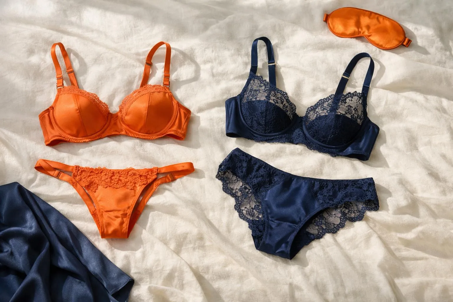 Close-up of luxury silk and French lace lingerie pieces on soft ivory bedding, showcasing delicate textures and ergonomic design with natural morning light highlighting the premium materials and comfortable construction