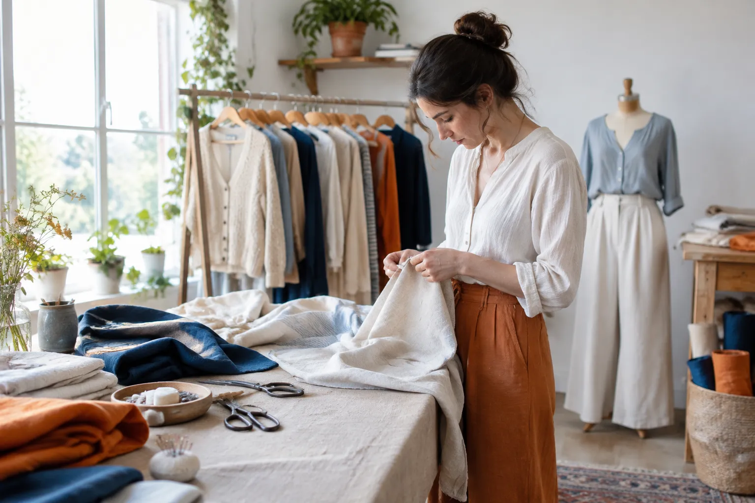 Créatrice de mode examine un tissu dans son atelier lumineux