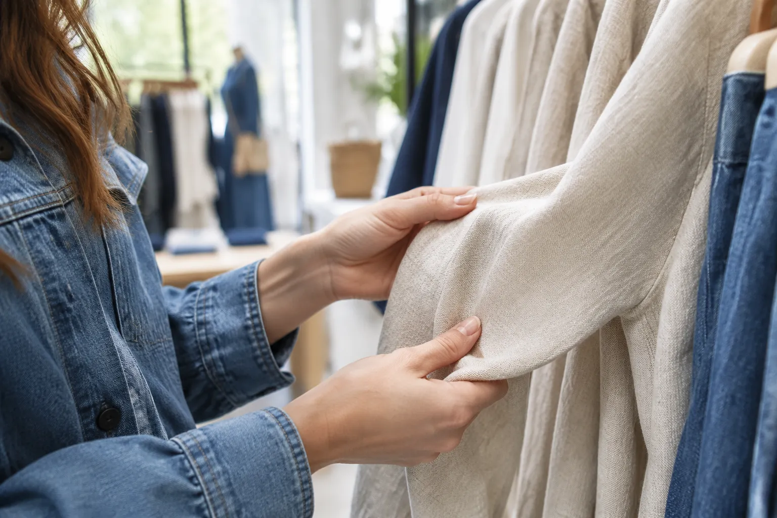 Femme touchant le tissu d’un vêtement beige en boutique