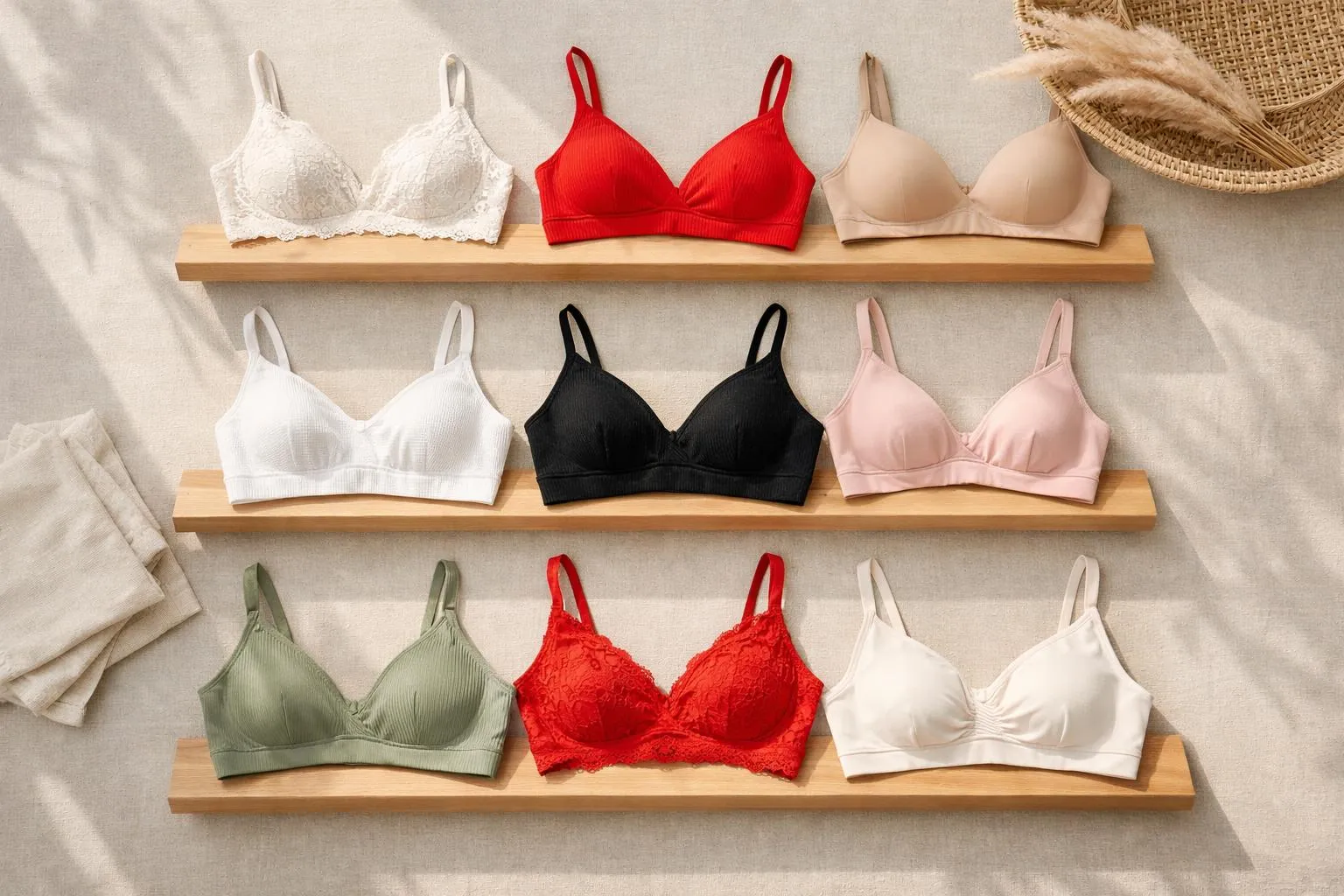 Assortiment de soutiens-gorge féminins de différentes couleurs et styles sur des étagères.