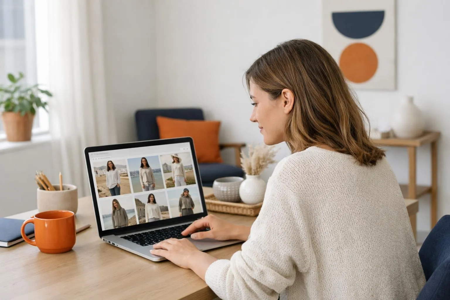 A woman in her 30s browsing through a curated online selection of California-inspired clothing on a laptop, featuring comfortable cardigans and flowing blouses in neutral tones, with a bright airy workspace and natural light emphasizing the West Coast aesthetic, Women's Fashion E-commerce context