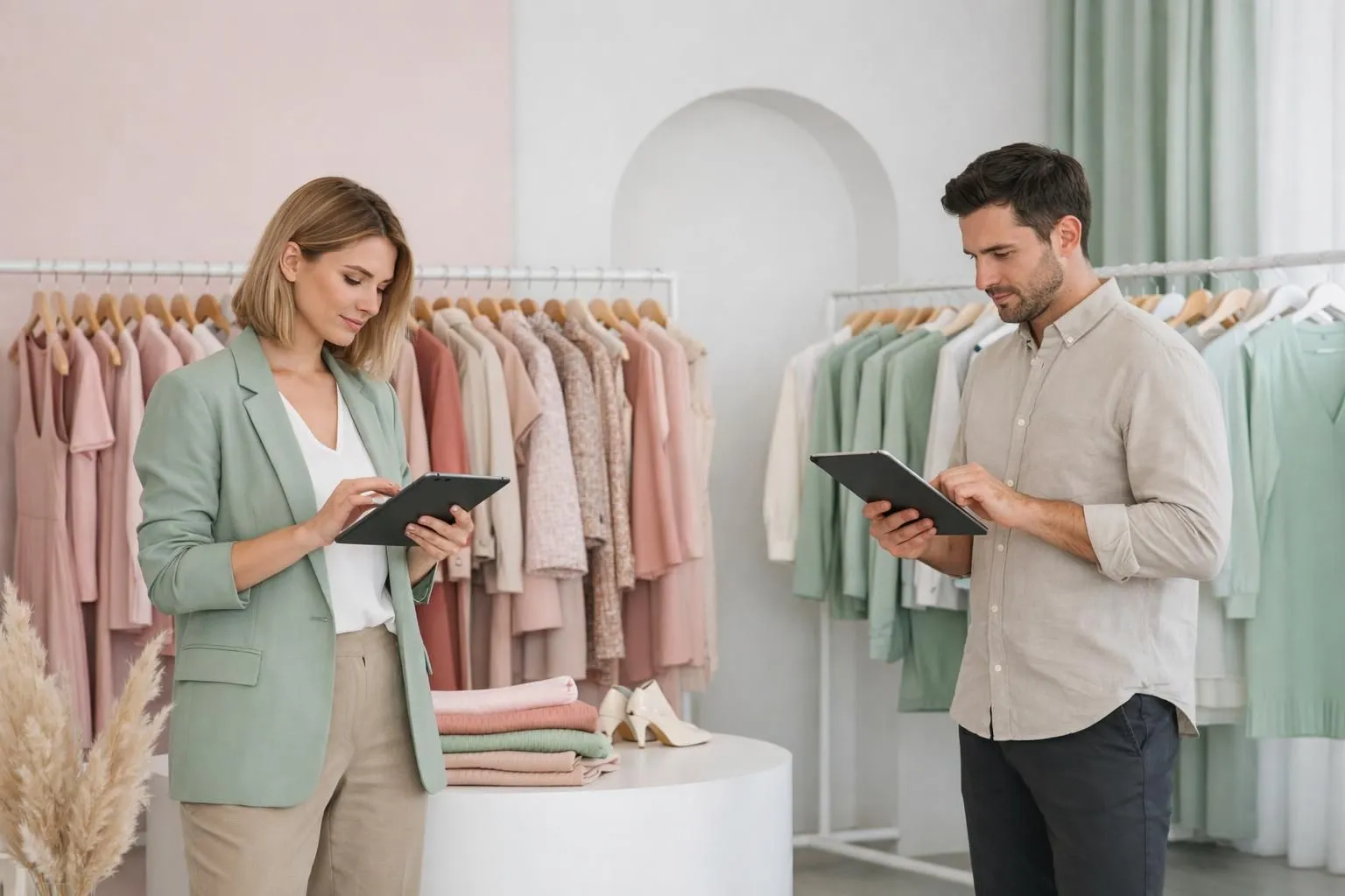 Modern Parisian fashion showroom with organized clothing racks displaying women's garments, professional staff members reviewing inventory on tablets, natural light streaming through large windows, clean minimalist interior design emphasizing quality fabrics and careful presentation