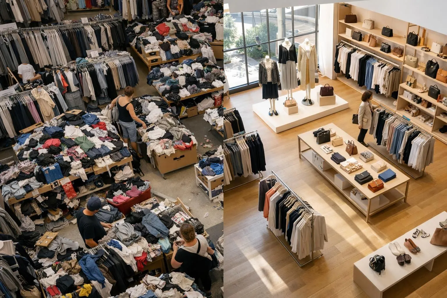 Split comparison scene showing two fashion boutique interiors side by side - left side displays a cluttered discount store with messy racks of clothing and suspicious sale signs, right side shows an elegant authorized boutique with organized displays and quality clothing on modern fixtures, natural lighting highlighting the contrast between authentic and questionable retail environments