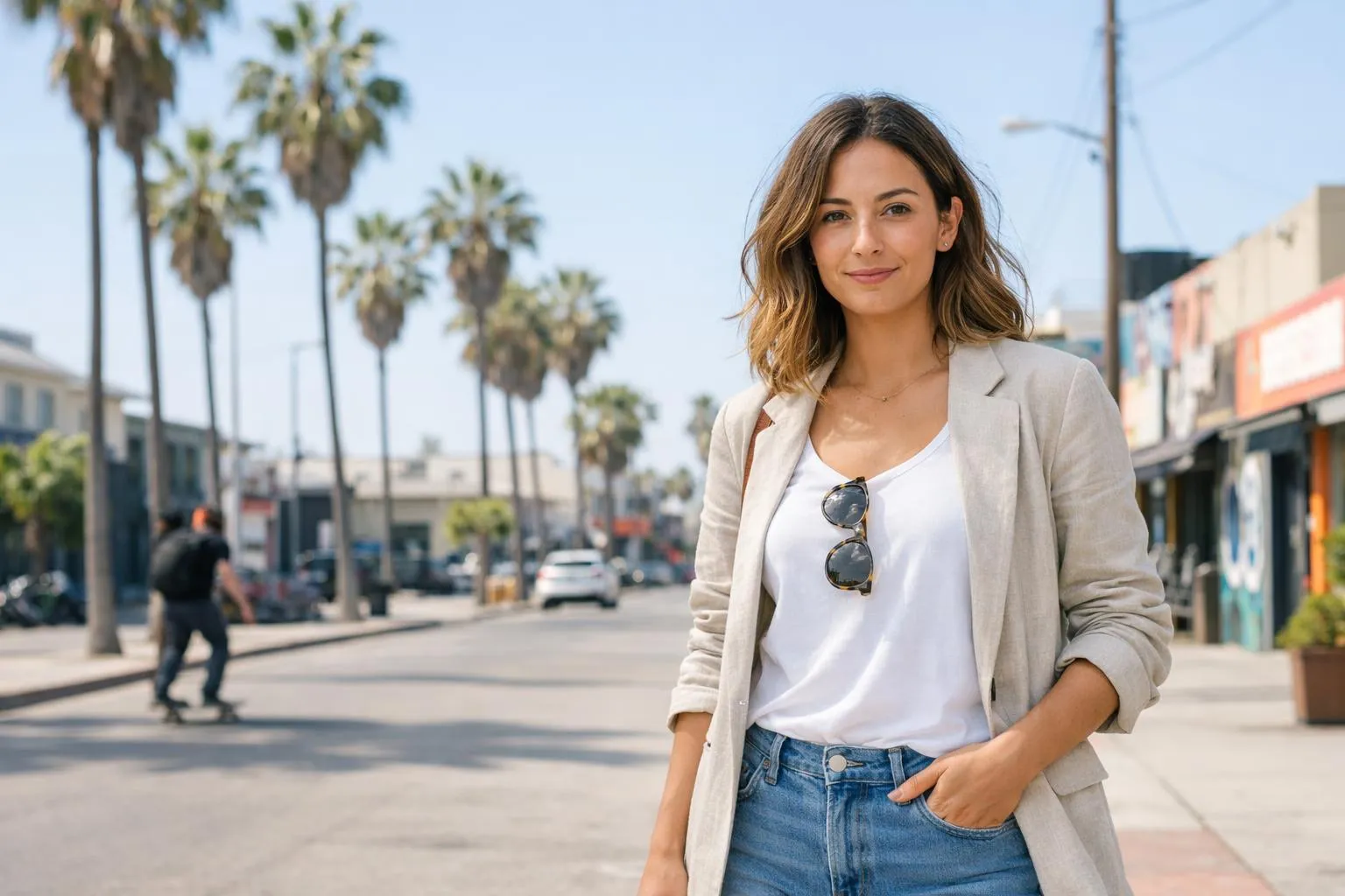 Femme souriante en tenue décontractée dans une rue animée.
