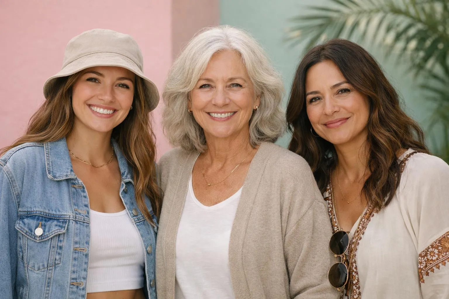 Trois femmes de différents âges, souriantes et habillées avec style.
