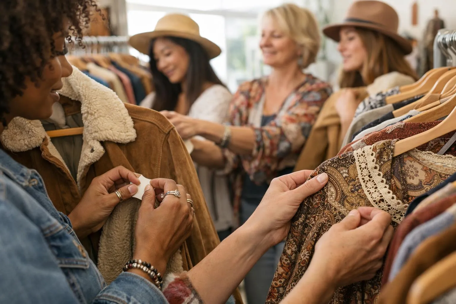 Groupe de femmes essayant des vêtements dans un magasin de mode.