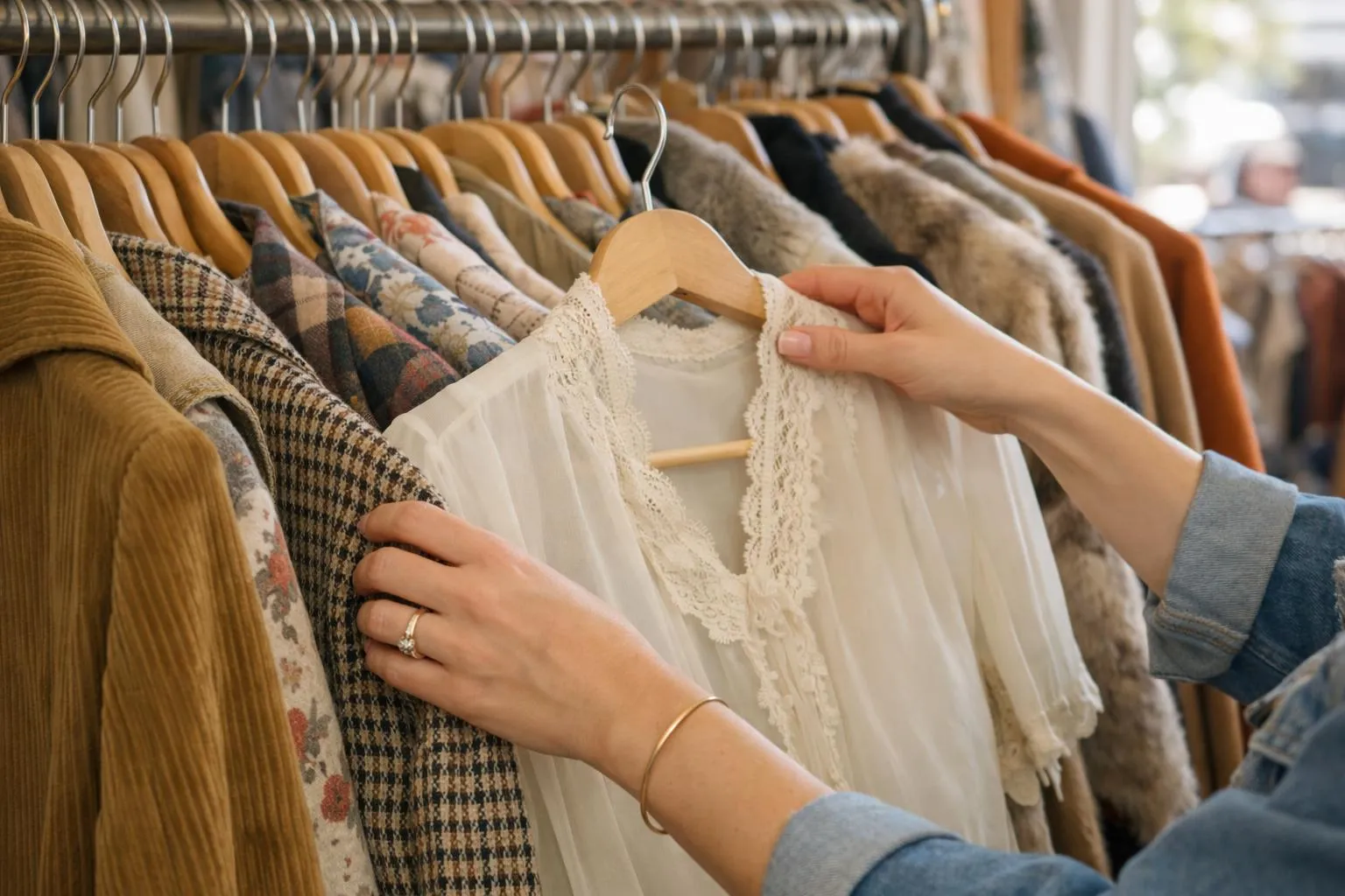 Vêtements vintage sur des cintres dans un magasin de seconde main.