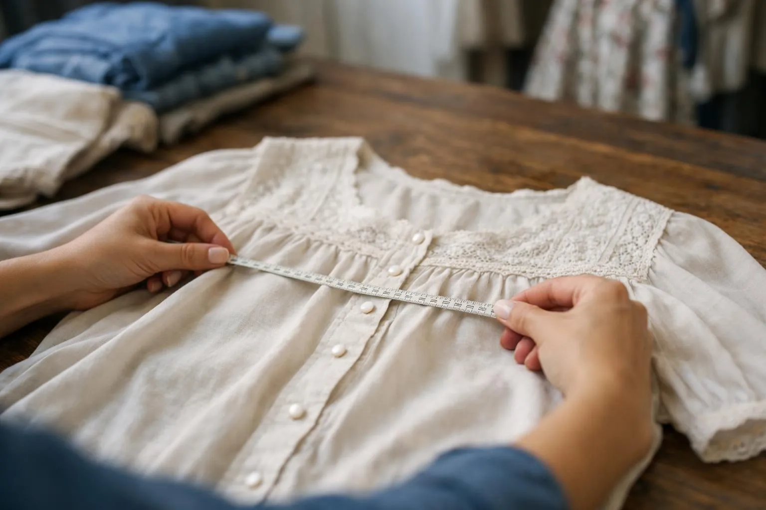 Chemise blanche en dentelle avec boutons, mesurée sur une surface en bois.