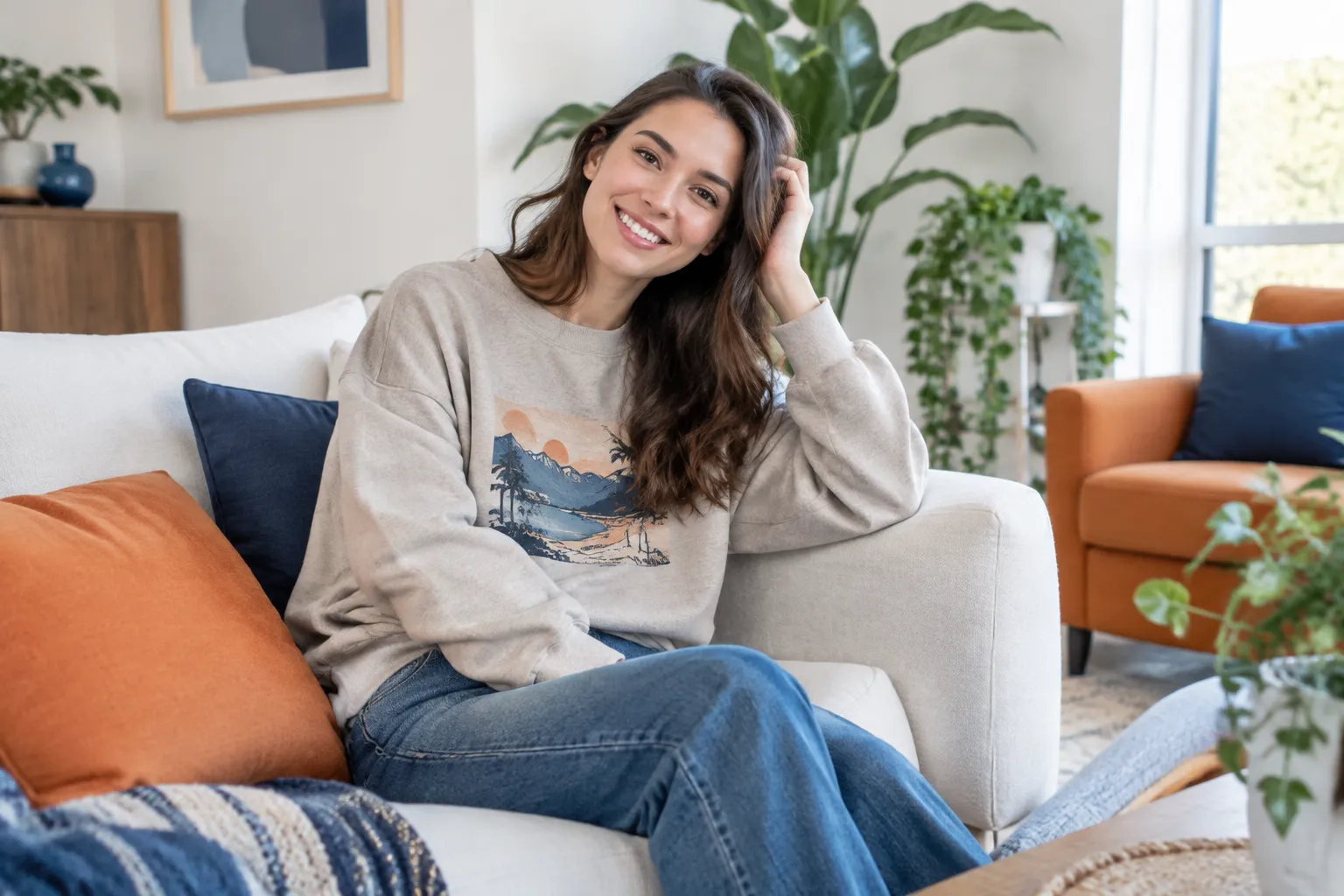 Femme souriante assise sur canapé, entourée de plantes.