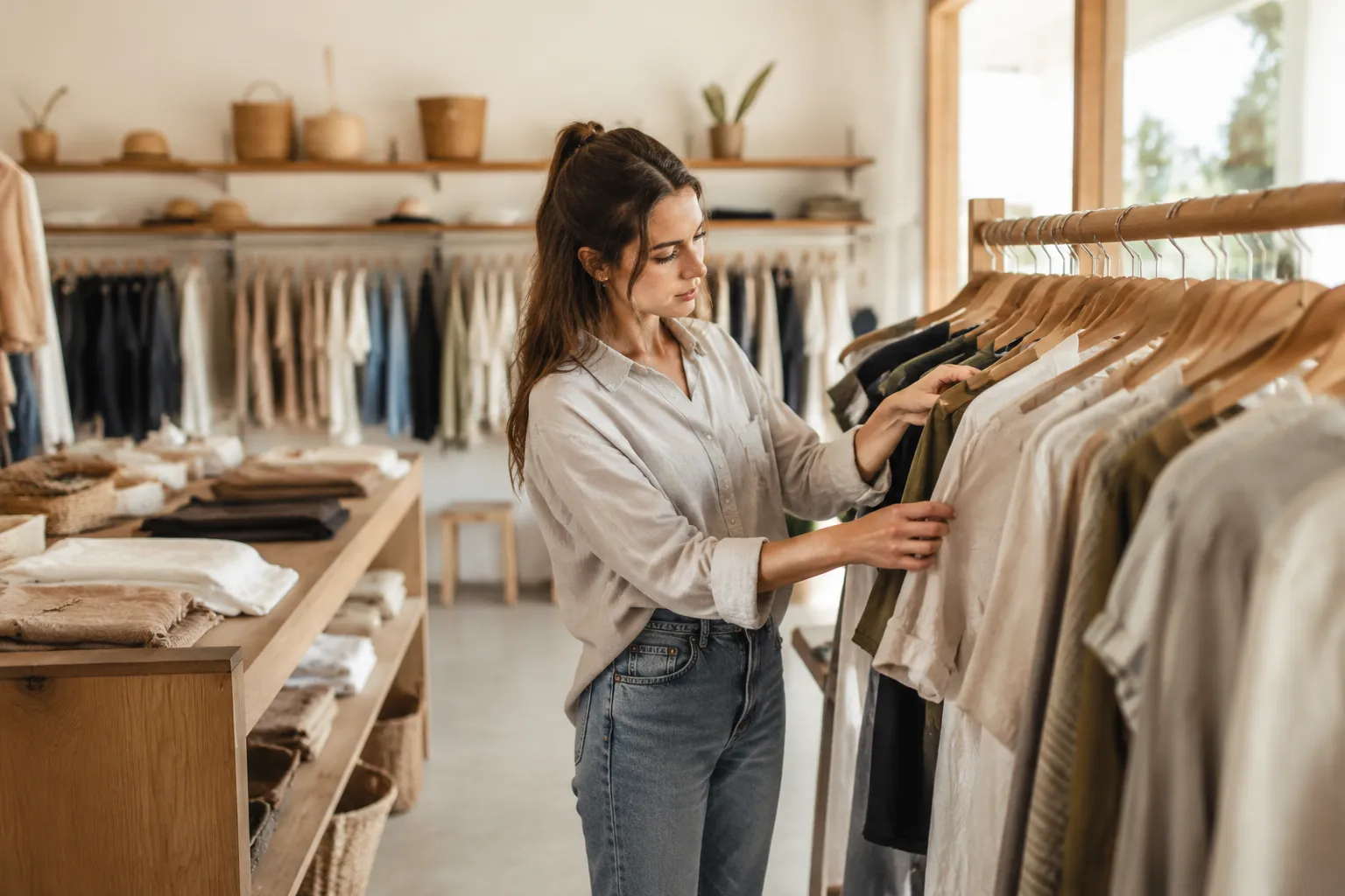 Femme choisissant des vêtements dans un magasin de mode.