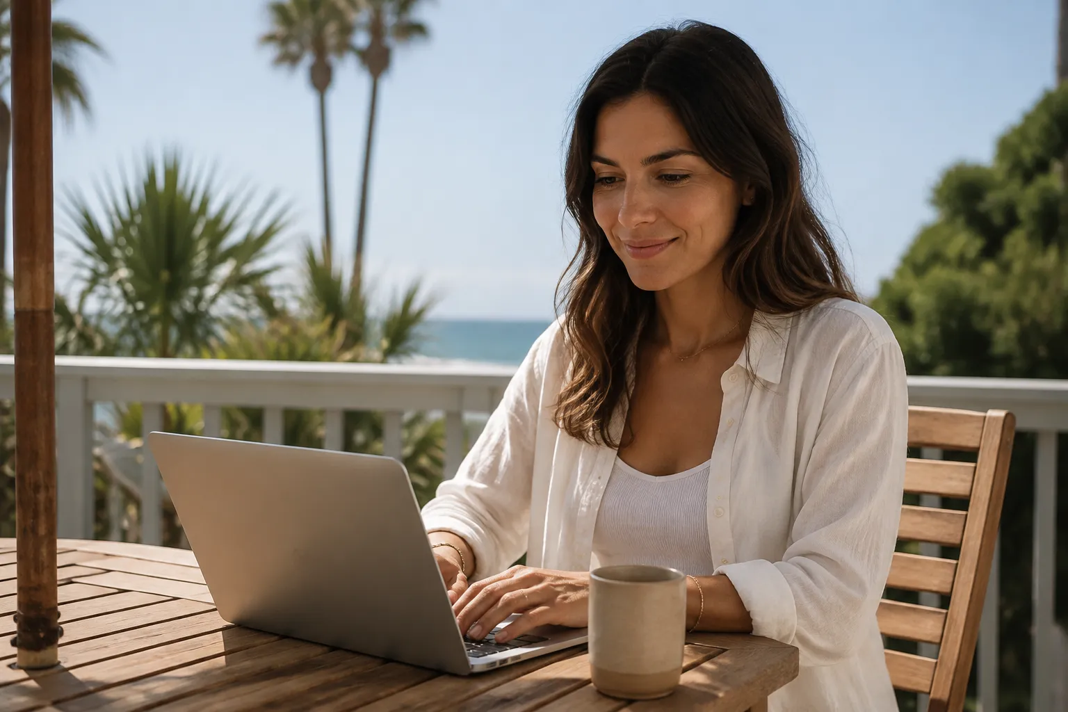 Femme travaillant sur un ordinateur portable sur une terrasse avec vue sur la mer.