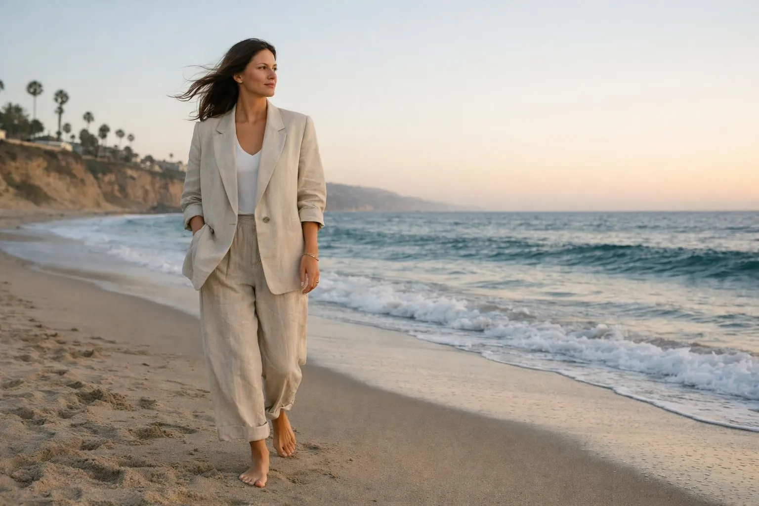 Woman wearing oversized beige linen blazer over white tank top walking barefoot on sandy California beach at golden hour, wind in hair, minimalist jewelry, relaxed sophisticated pose, warm natural lighting, ocean in background
