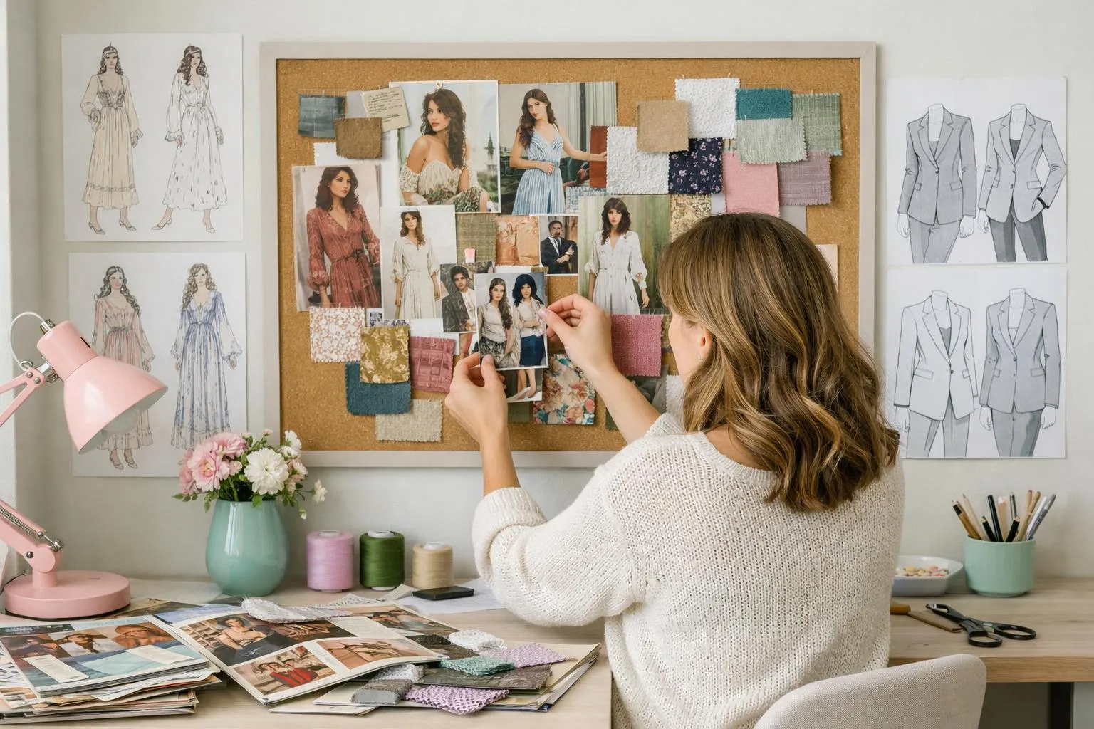Femme créative organisant un tableau d'inspiration de mode et de style.