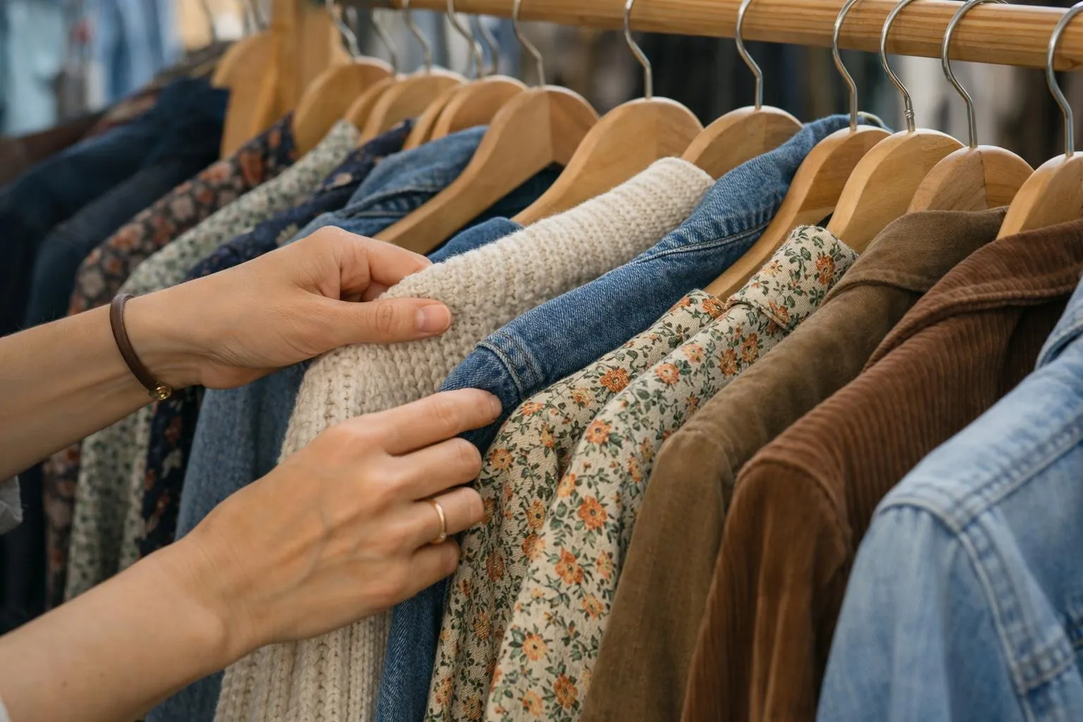 Vêtements suspendus sur des cintres dans un magasin.