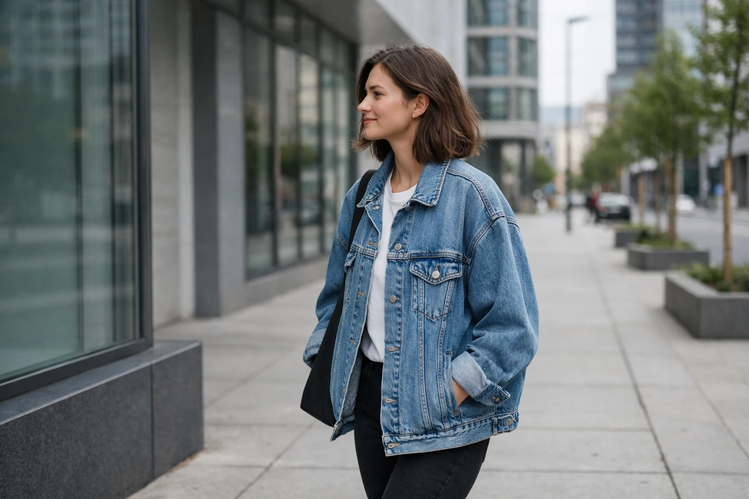 Femme portant une veste en jean vintage oversized dans un style californien décontracté, marchant dans une rue urbaine moderne avec lumière naturelle douce, ambiance casual et authentique