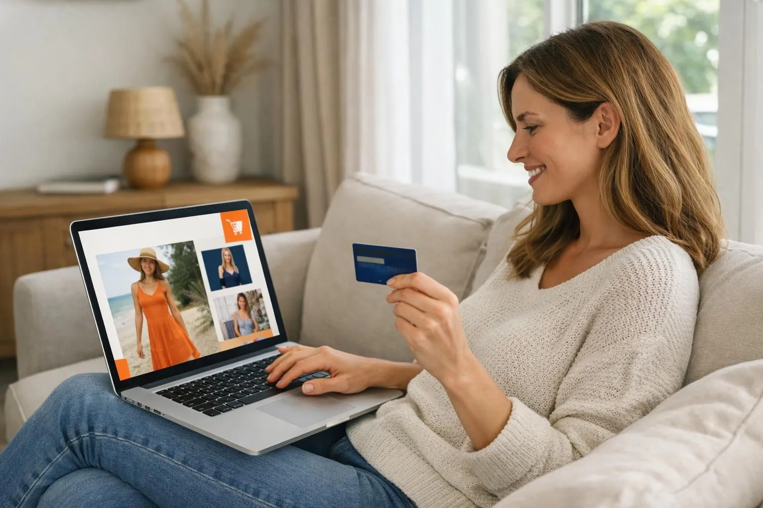 Woman in her 30s sitting on couch with laptop on lap, holding credit card while browsing A WOMAN WE LOVE website showing californian-style fashion pieces, natural daylight through window, relaxed home setting, shopping cart icon visible on screen