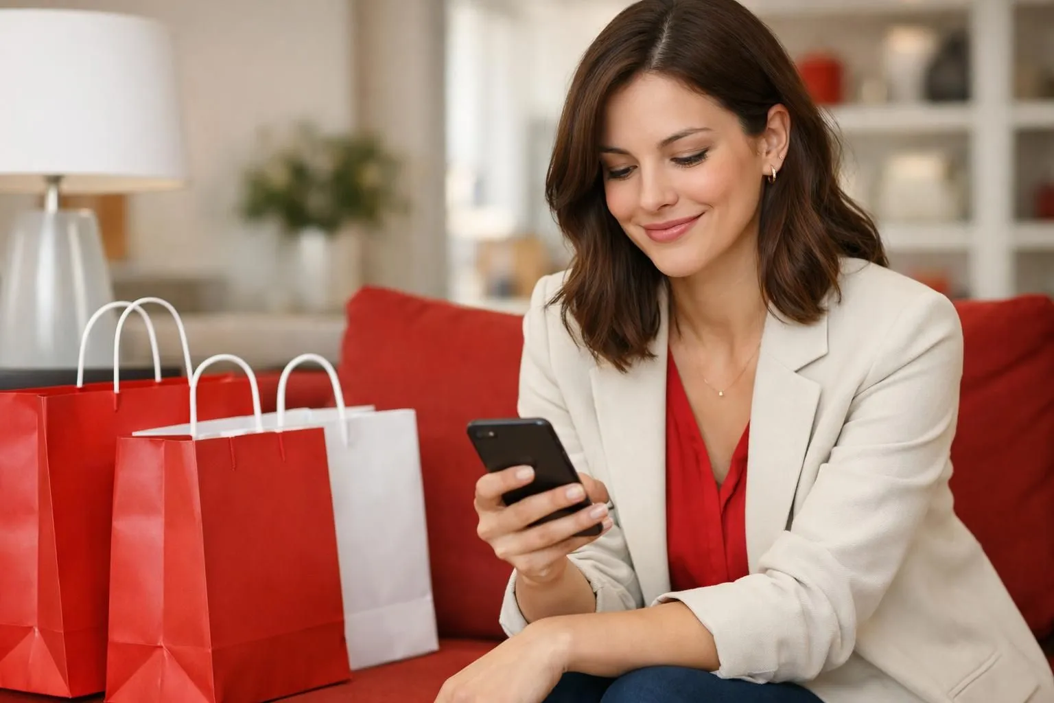 Woman looking at smartphone with knowing smile, shopping bags from A WOMAN WE LOVE beside her, modern interior setting, warm natural lighting, insider secret revealed atmosphere, fashion e-commerce context, no text or words visible
