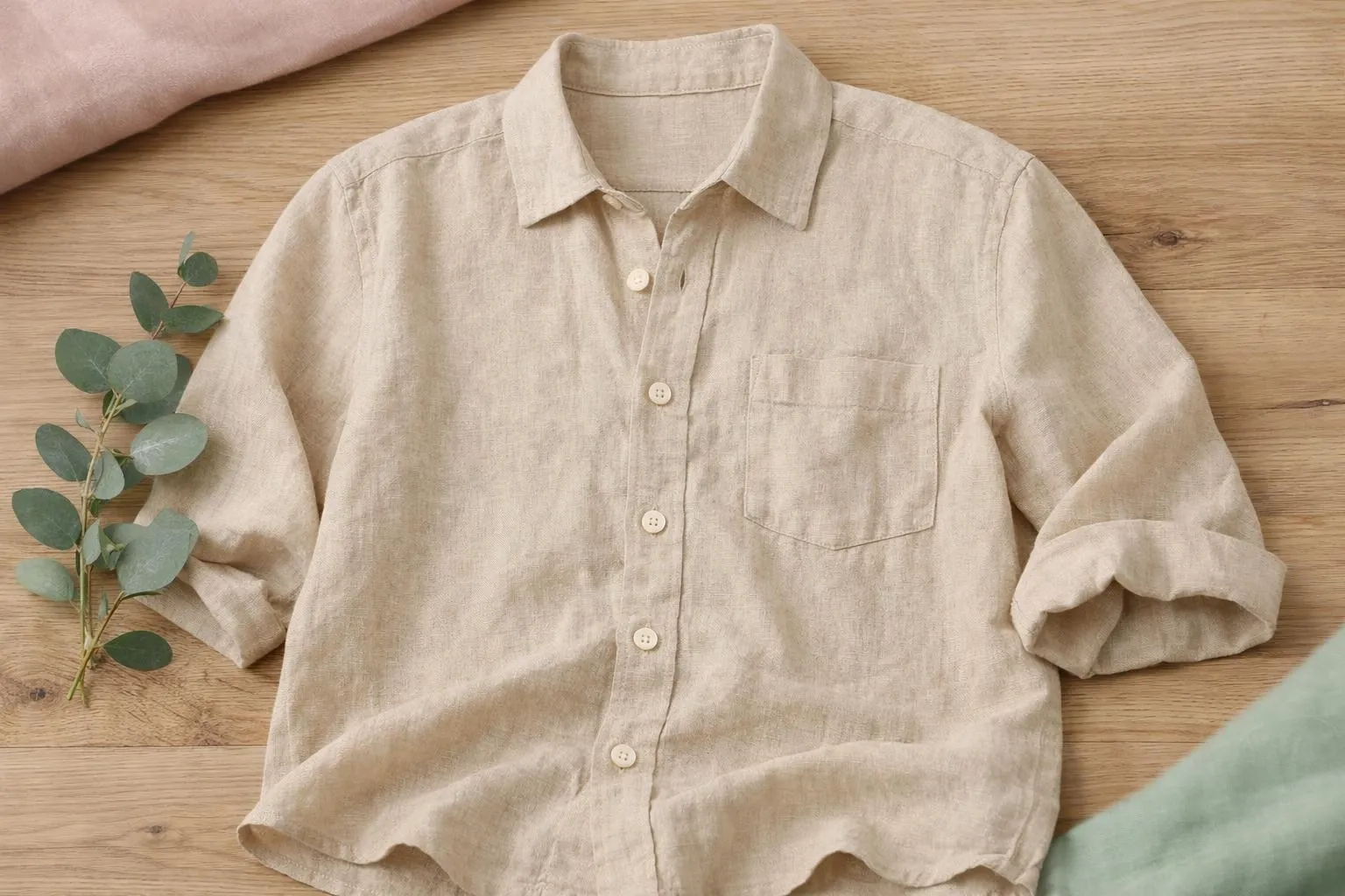 Chemise en lin beige, boutons, poche, manches longues, sur fond en bois.