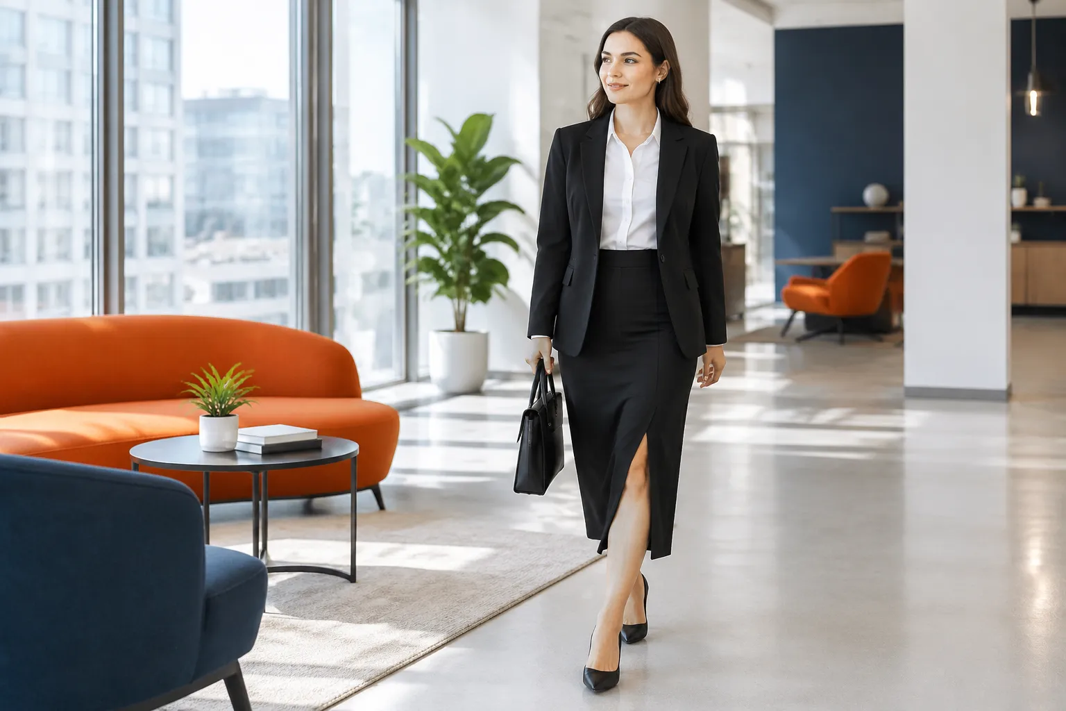 Femme d’affaires en tailleur noir dans un bureau moderne