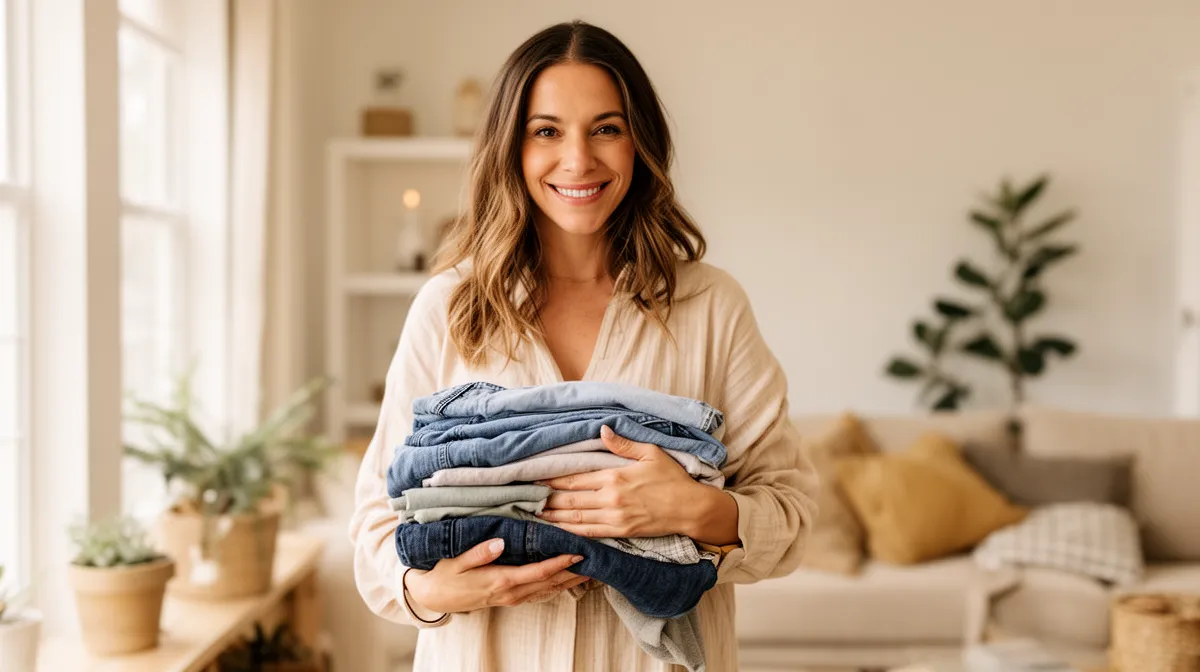 Femme souriante tenant une pile de vêtements pliés.