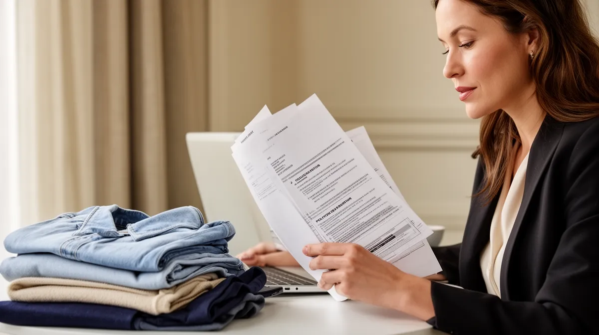 Femme d'affaires examinant des documents sur un bureau avec des vêtements pliés.