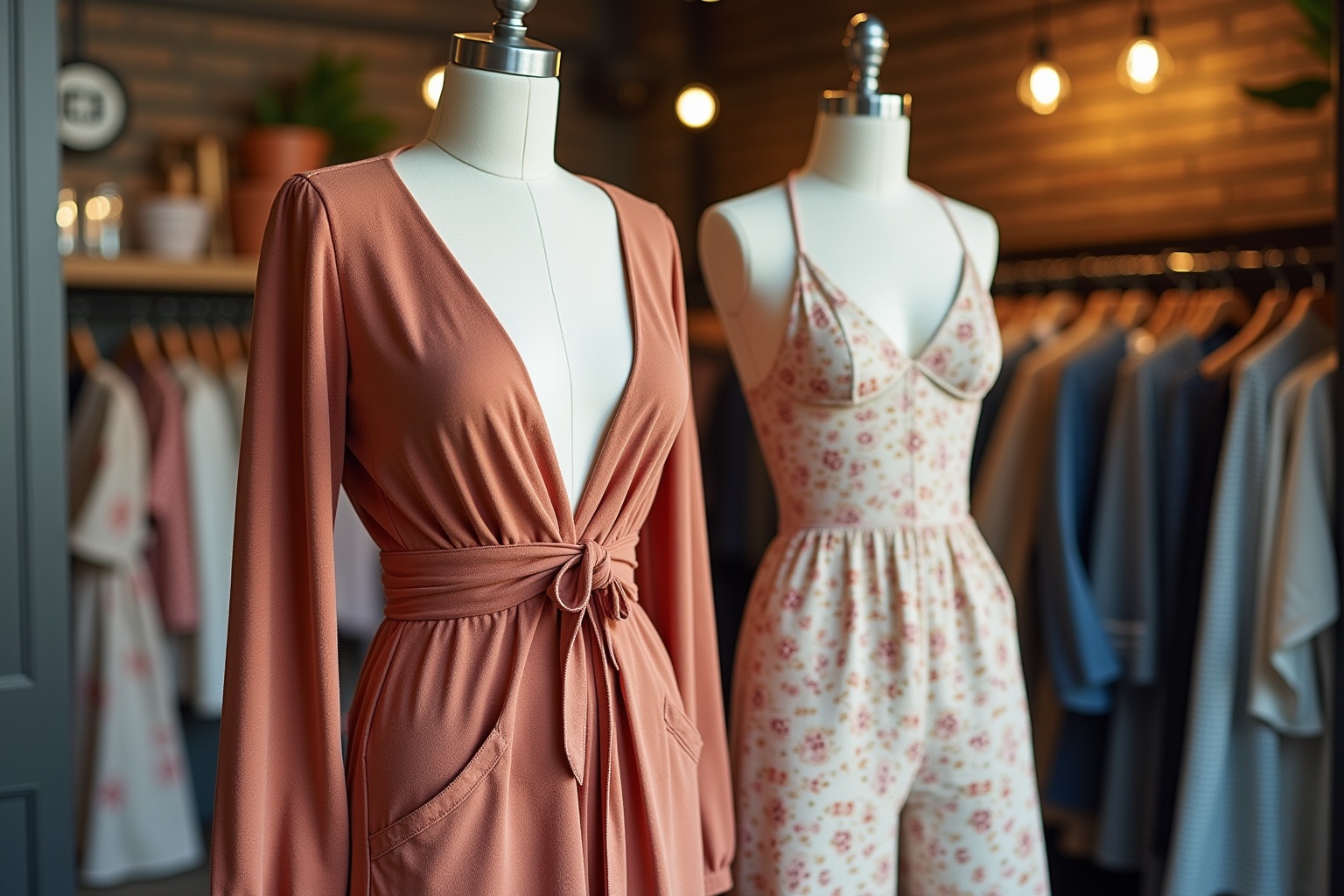 Robes de soirée élégantes sur des mannequins dans une boutique.